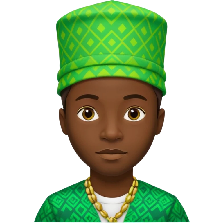 Create me an emoji of a cool Young Nigerian prince wearing a neon green gradient African patterns with "hula hat" (a Nigerian-inspired hat).  emoji