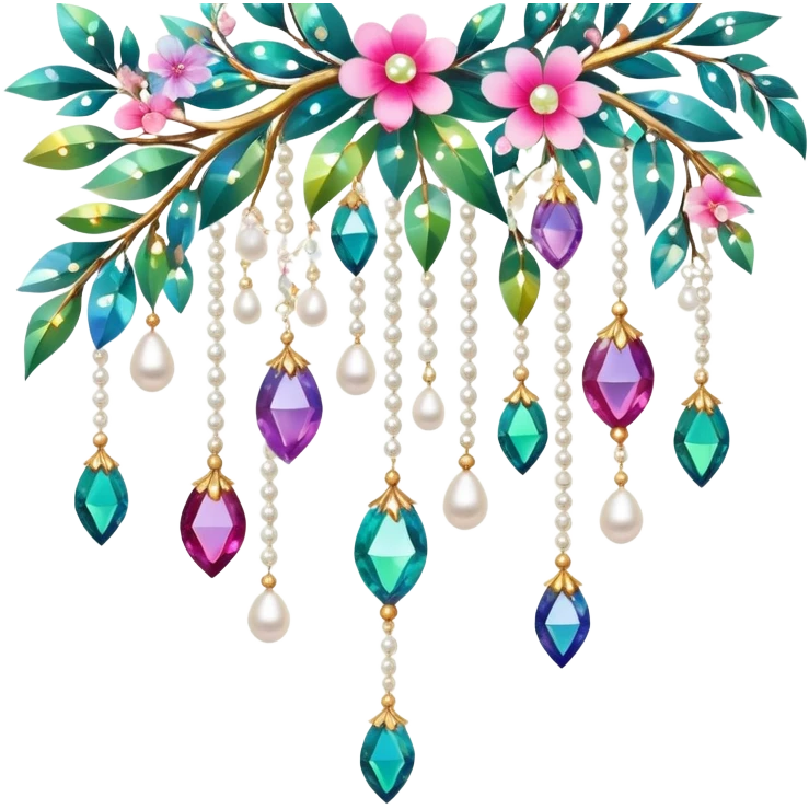 Exotic colorful romantic Few cute tiny Iridescent glistening glossy sparkly shiny glittery hanging crystals pearls and beads and gemstones scenery scenic decorations with branches and flowers emoji