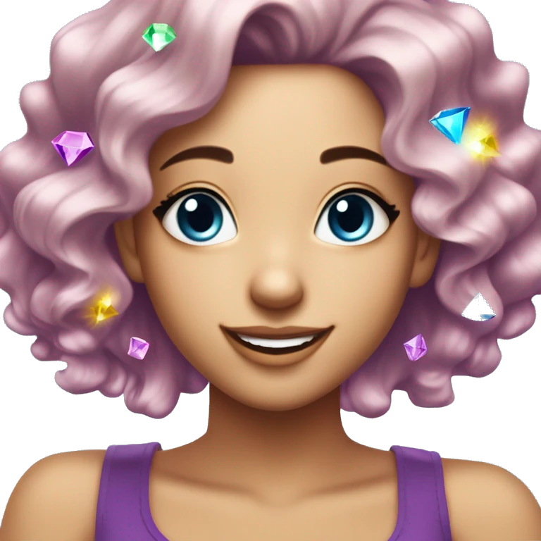 one girl with purple diamond hair made from purple crystals or diamonds or jewels, she is feeling happy and elated and excited, make her hair shiny with prisms and angles and edges, now make her hair crystallized, make her hair only crystals and gems emoji