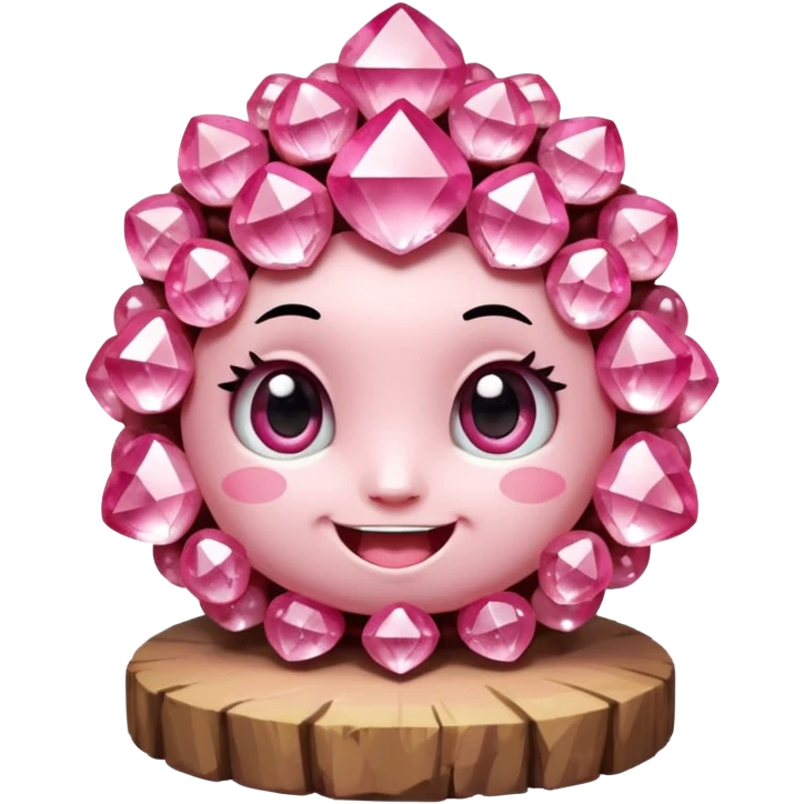 A single cute pink crystal cluster character, chunky round base with many tall rose-pink crystal quartz cluster, faceted and slightly imperfect, on the front of the base a kawaii face with big shiny eyes and a happy open smile very shiny emoji