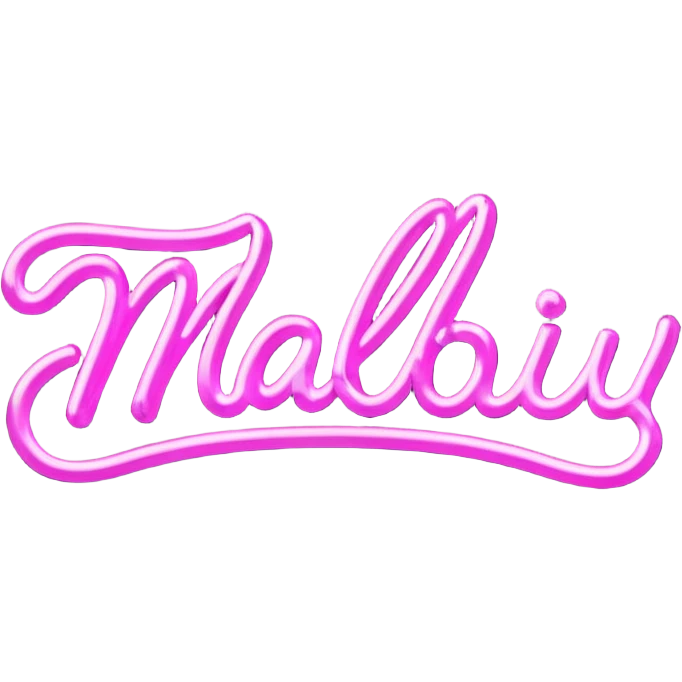 glowing pink neon sign that says "Malibu" in cursive  emoji