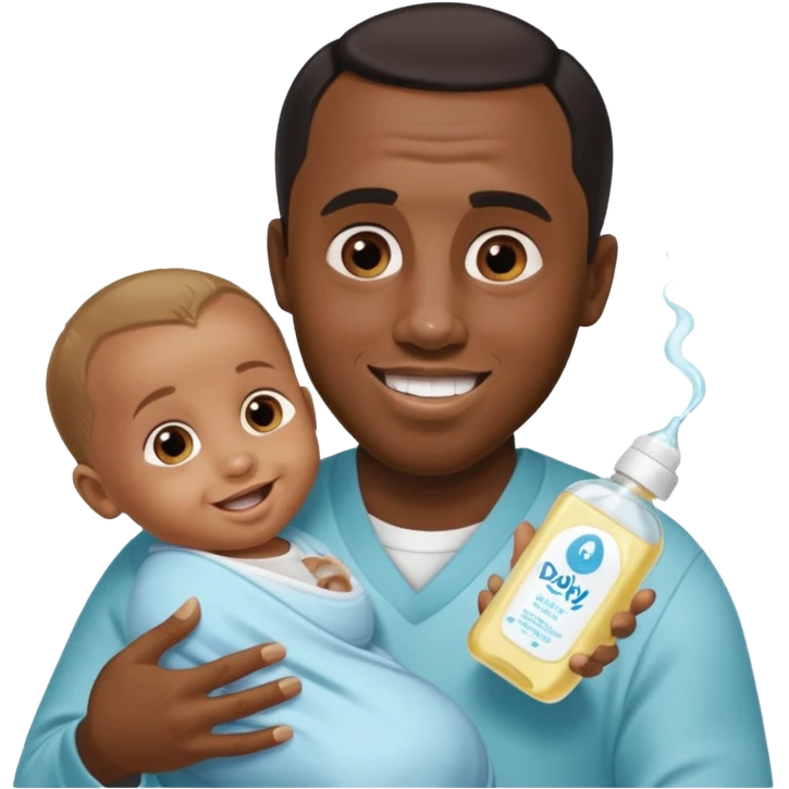 Sean “Diddy” Combs with baby oil and a very small infant and he’s pouring the baby oil on the baby and they have a scared face they’re really scared while diddy is happy emoji