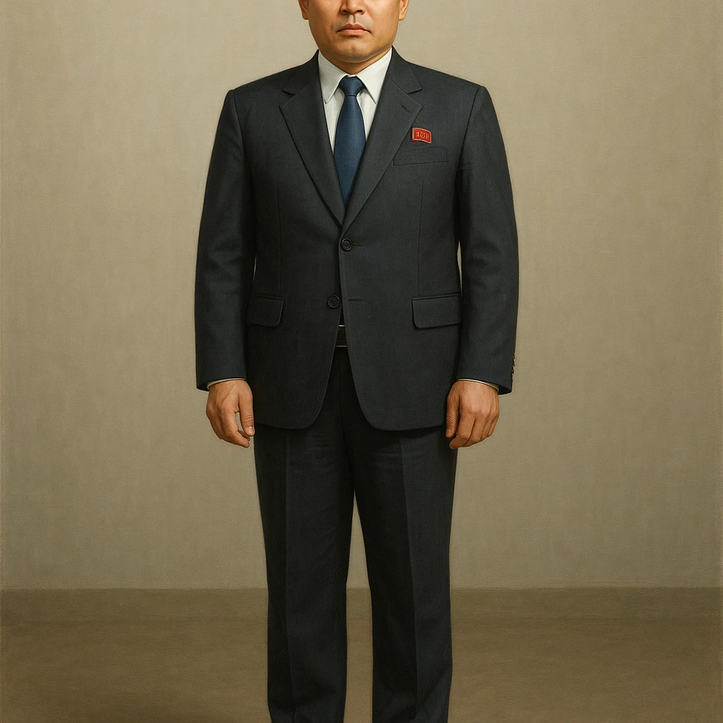 Official portrait of a North Korean man, head of the hull production workshop at a shipyard, serious and formal style, dark suit, neutral background, confident and focused expression, style inspired by Soviet and North Korean official portraits, full body, not cropped, head not cut off, head and feet fully in frame, variation 5 emoji