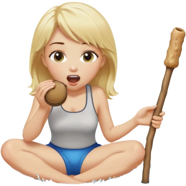 blond woman sitting on her knees, eating a wide stick with a half-round D-shaped knob, both the stick and knob are the same color as her skin, the knob has visible skin texture, water stream squirting from the flat side of the knob into her open mouth, surprised expression emoji