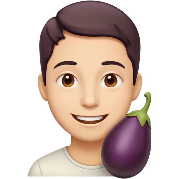 Happy with eggplant on cheek emoji