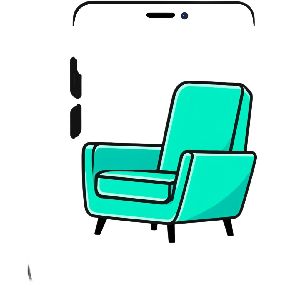 angled smartphone in foreground displaying armchair product page, with sparkle effect on the left side emoji