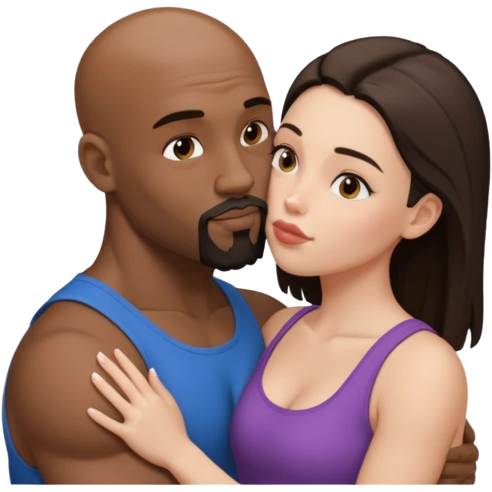 Bald black muscular goatee man kissing white brunette girl emoji