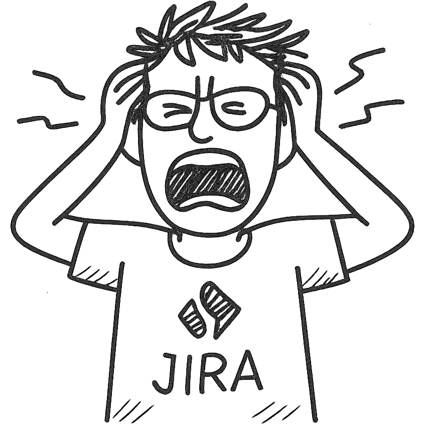 screaming IT guy wearing an Atlassian Jira t-shirt, hand drawn outlined icon emoji