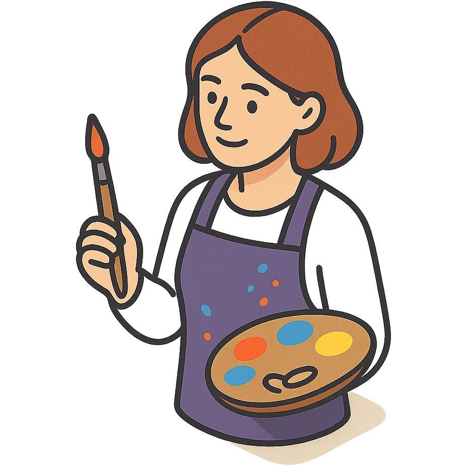 Serene female oil painter, Caucasian features, shoulder-length auburn hair, soft brown eyes, gentle smile, wearing a violet painter’s apron lightly stained with paint over a beige blouse, holding a wooden palette with vibrant colors in one hand and a brush in the other, waist-up, front-facing emoji