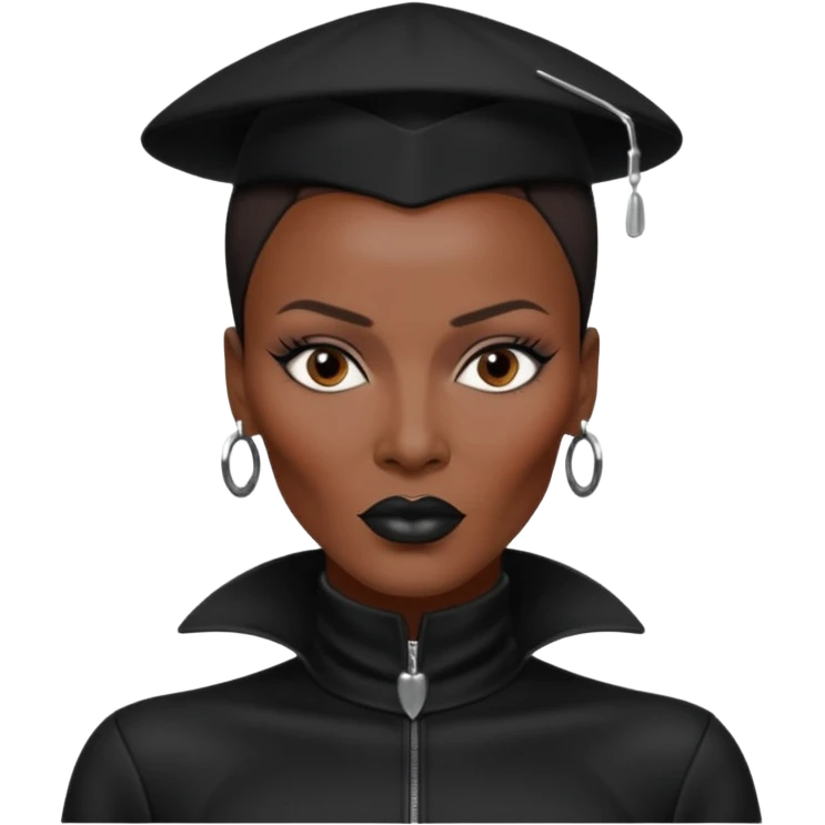 Grace Jones with dark brown hair, black outfit emoji