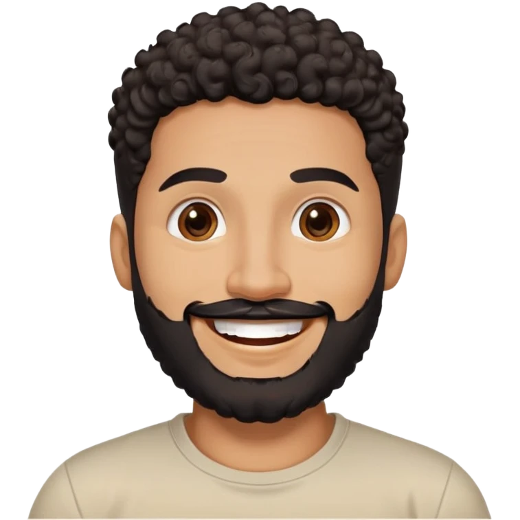 Latino man in his late 30s with warm brown skin. Round face. Big bright smile showing joy. Lively dark brown eyes. Thick defined eyebrows. Short tight curly black hair with fade on sides. Full black beard, neatly trimmed. Wearing a light beige round-neck t-shirt. emoji