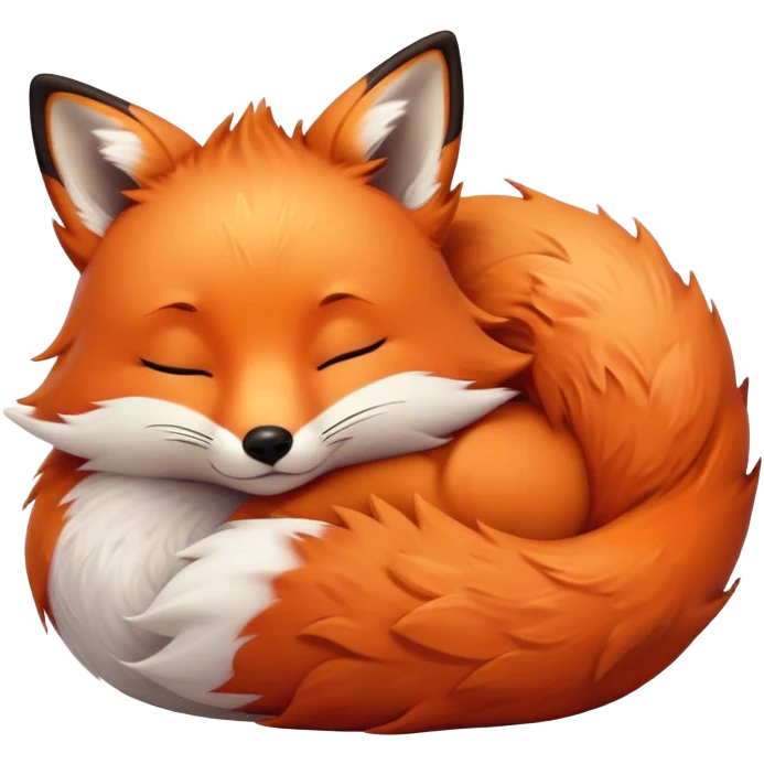 Cinematic cute sleepy fox, curled into a cozy fluffy ball, warm glowing fur, tiny black nose resting on its tail, soft breathing visible, peaceful and charming. emoji