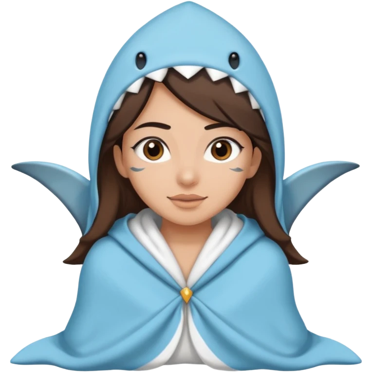 Egyptian-haired girl with black eyebrows, brown hair, Iranian descent, wearing a shark costume with a blanket. emoji