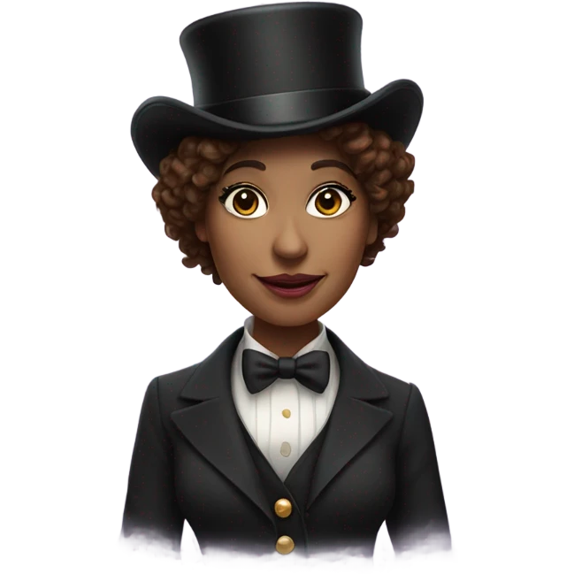 Woman brown curly hair top hat circus director emoji