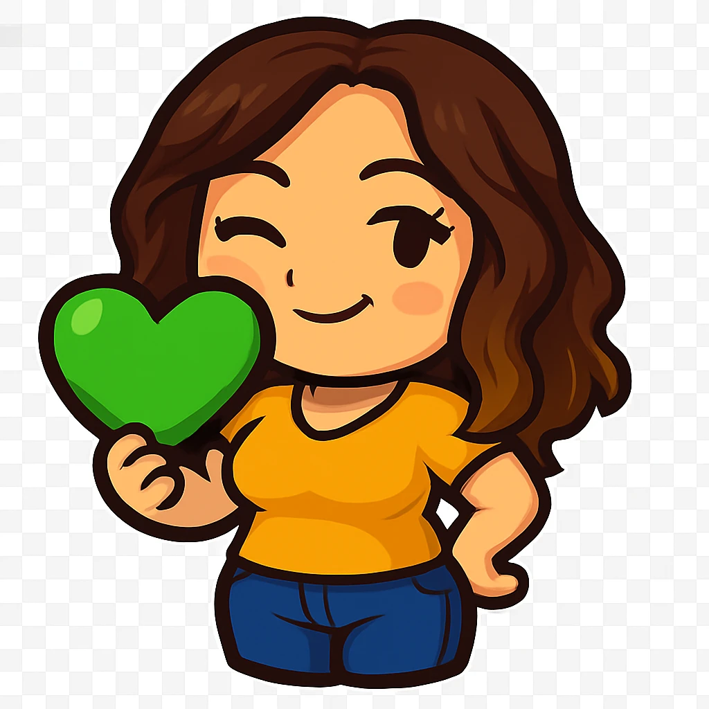 Sticker style chibi emote, matching the attached green heart emote as a base, but with a slightly skinnier body and a bigger chest. Woman from reference, yellow t-shirt and blue jeans, winking, cute playful face, no headband, no wand, transparent background. Top color should not match jeans. emoji