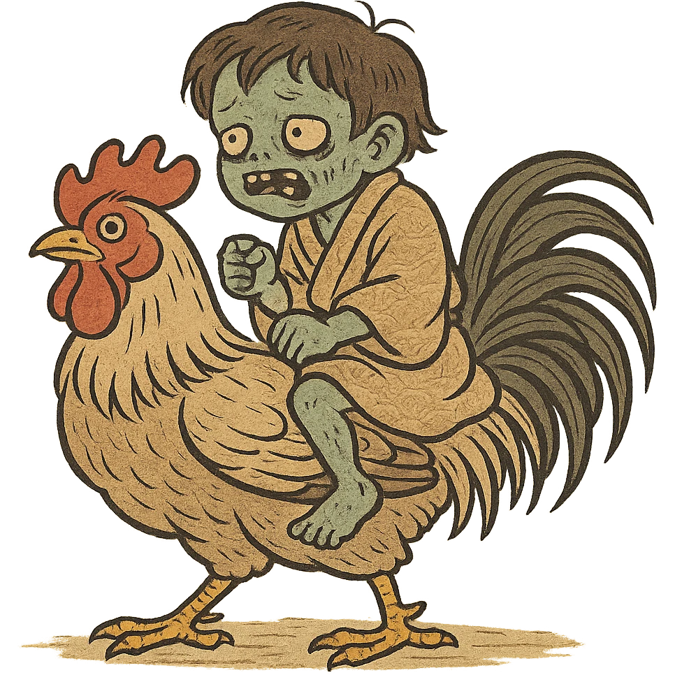 chicken jockey, stylized zombie child riding a chicken, Japanese ukiyo-e style emoji