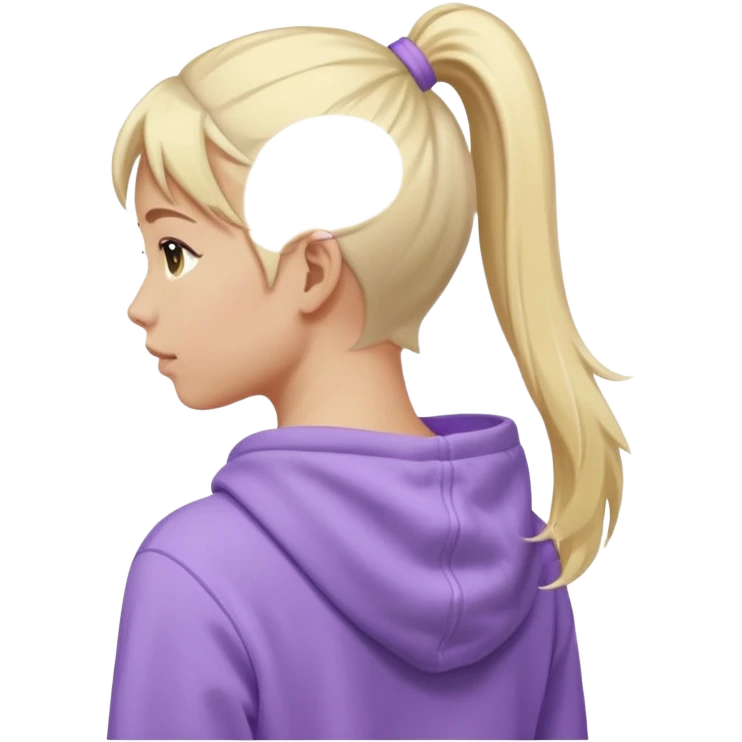 back view of a person with a high light blonde ponytail, wearing a pastel purple hoodie, iOS Apple emoji style emoji