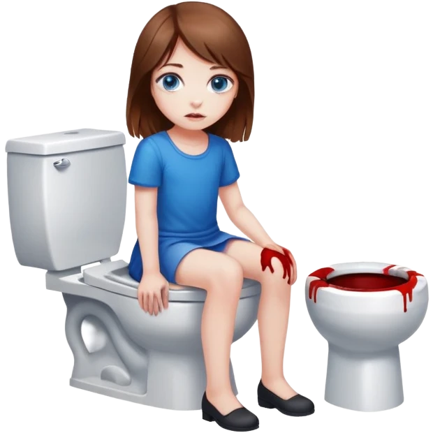 Girl with brown hair and blue eyes sitting on toilet with blood under toilet  emoji