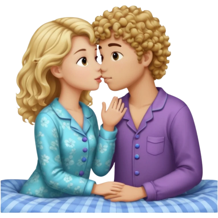 Blonde straight hair girl and brown curly haired boy kissing in pajamas emoji