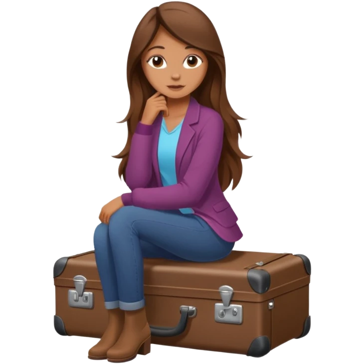 The sticker is a realistic beautiful woman with long brown hair, sitting on a suitcase, a cartoon-style vector illustration created using Procreate --chaos 25 emoji
