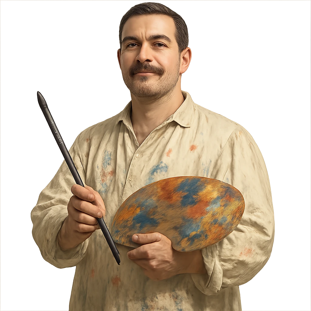 confident painter man with a thick moustache and short hair, wearing an artist's smock emoji