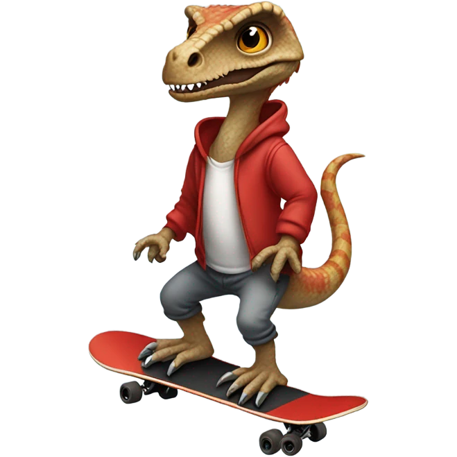 Velociraptor riding a skateboard with a red hoodie and joggers on emoji