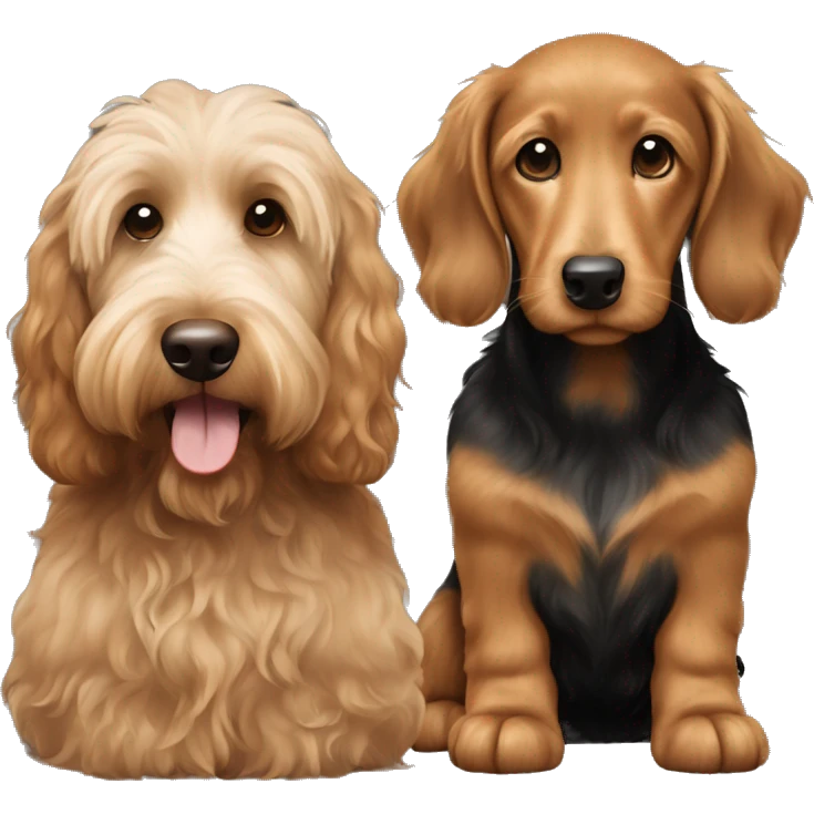 Brown golden doodle and black and tan and cream longhair dachshund sitting together  emoji