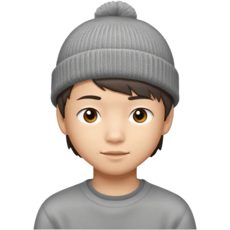14-year-old Asian boy, short brown hair with side bangs, wearing a grey beanie emoji