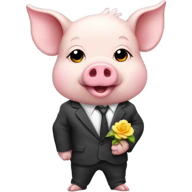 a cute pig wearing wearing a suit and holds a flower then acts like he wants to kiss yiu emoji