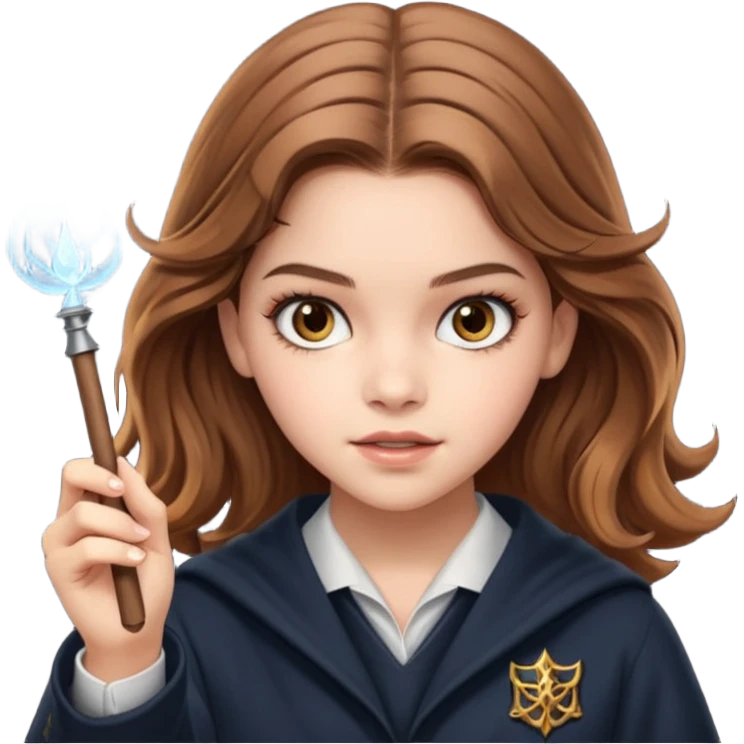 Barbara Palvin as Hermione Granger with brown eyes and doing magic emoji
