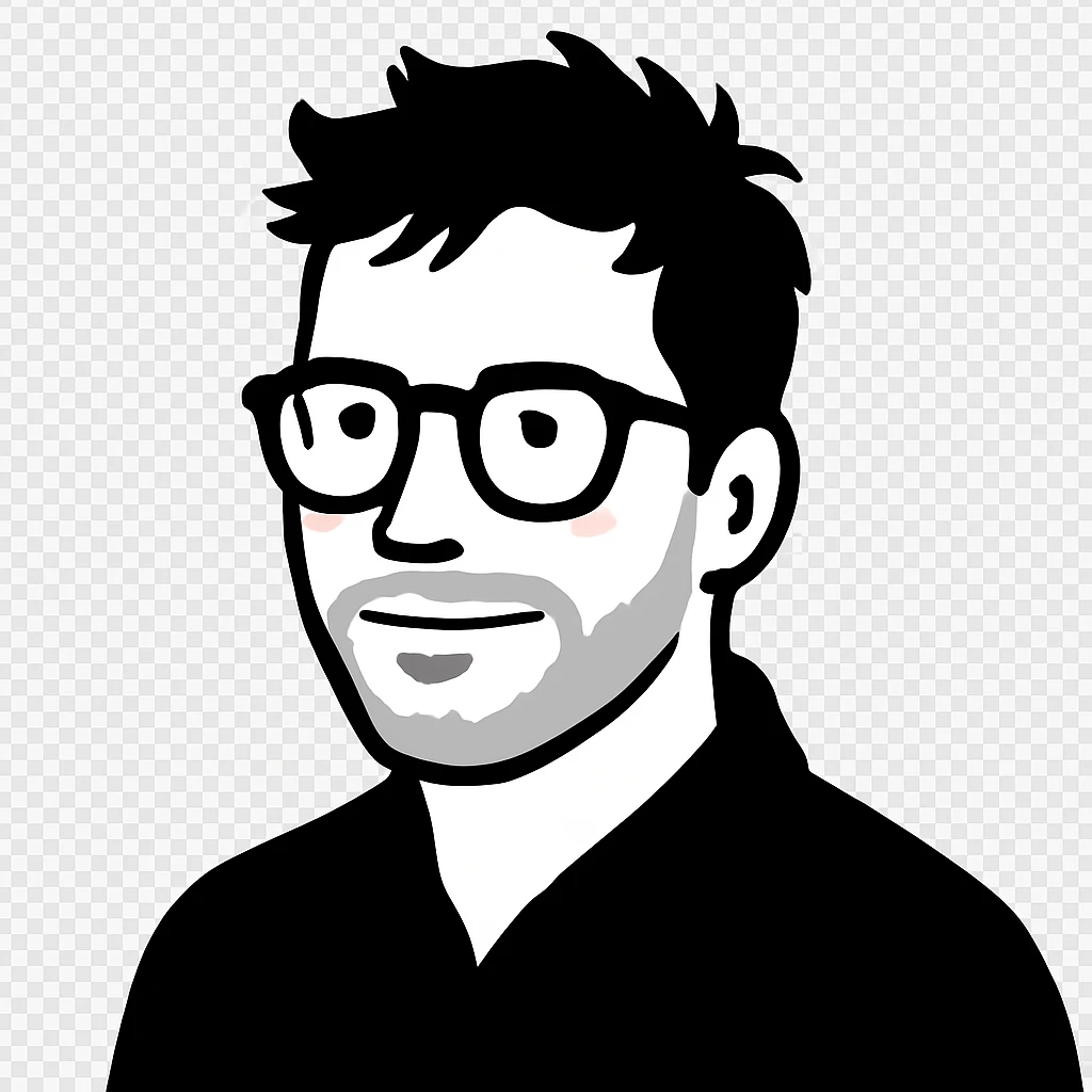 A casual man with stylish glasses, artistically messy hair, and a fine short beard, with a confident expression emoji