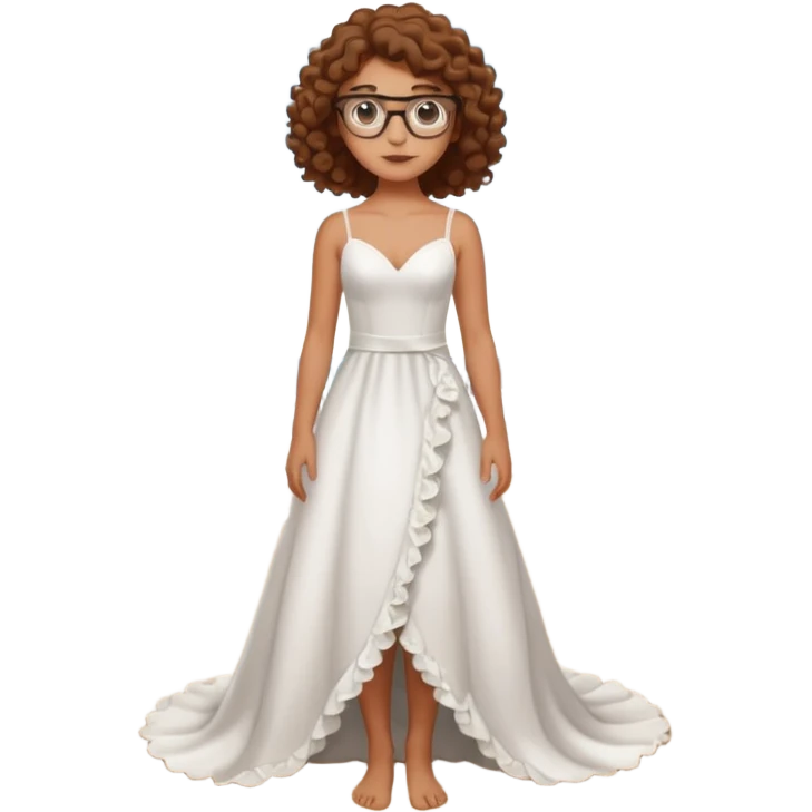 Chica blanca, pelo rizado, gafas, vestido novia playa cuerpo entero, pelo castaño emoji