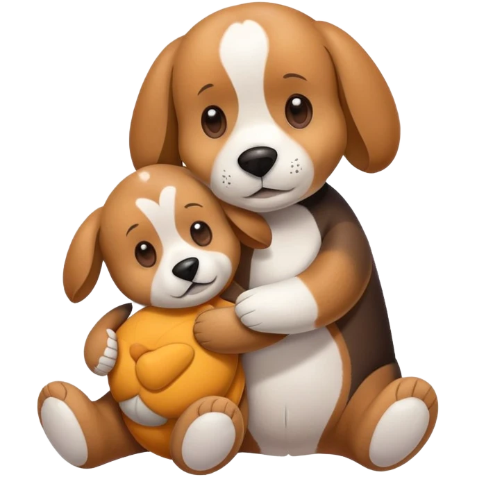 A beagle dog hugs a toy bear emoji