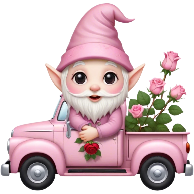 An adorable little pale pink Valentine’s Day style gnome with large glistening eyes, holding a rose with hearts in the background riding in the back of a beat up old pick up truck emoji