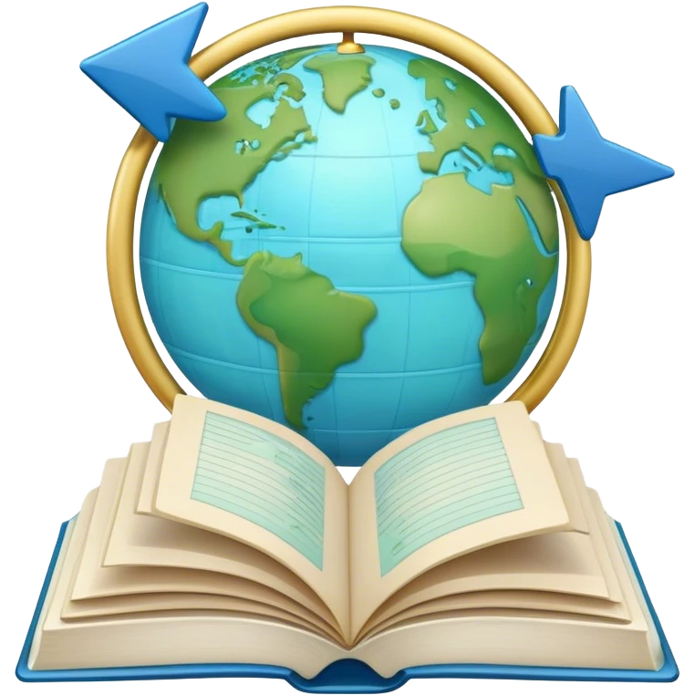Create an emoji representing language translation. The design should feature an open book or a document with text in multiple languages (e.g., English, Spanish, Chinese), and a translation icon (such as an arrow between two languages) to symbolize the process of converting text. Include elements like a globe or a speech bubble to represent global communication. Use clear, simple lines and a color palette with blues, greens, and subtle neutral tones to convey the idea of clarity and understanding. Make the background transparent. emoji