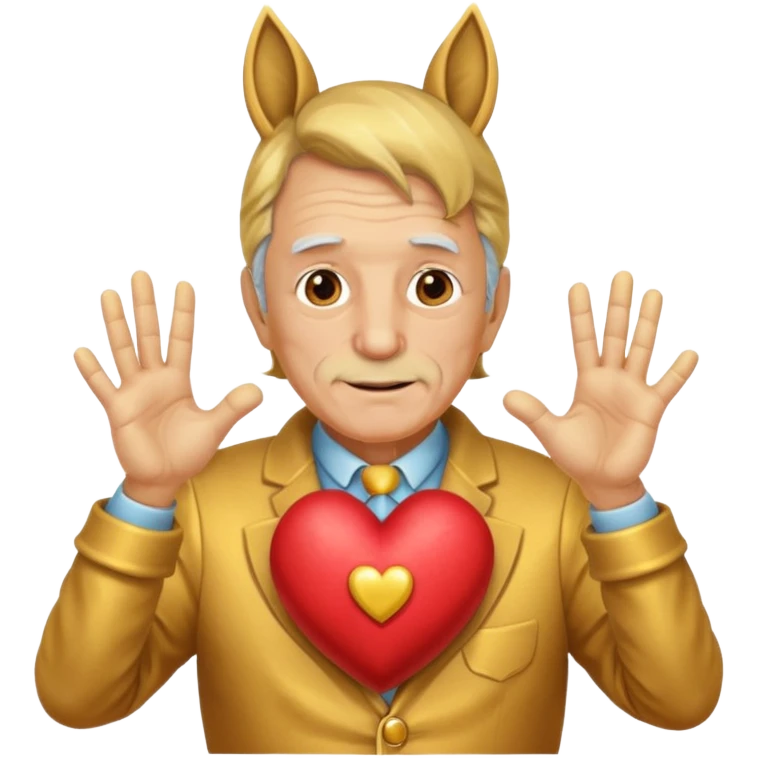 피부가 황금으로 된 할아버지가 말 코스프레를 하고 손으로 하트 모양을 만들며 부끄러워한다 emoji