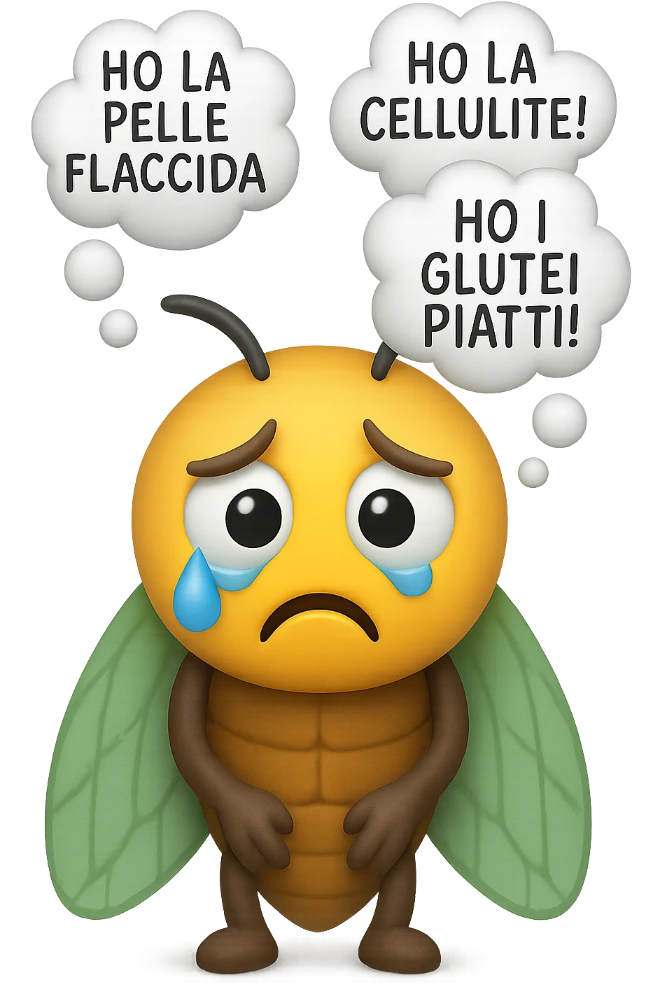 EMOJI STILE IPHONE 3D DI una cicala triste che si tocca le cosce e piange perché non le piace il suo fisico, posa frontale, fagli anche la parte bianca degli occhi, non solo la pupilla, sulla testa della cicala aleggiano i pensieri "HO LA PELLE FLACCIDA", "HO LA CELLULITE!", "HO I GLUTEI PIATTI!" emoji