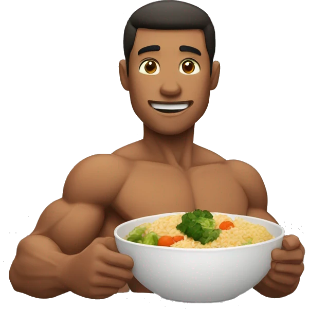 muscular man eating rice, meat and vegetables emoji