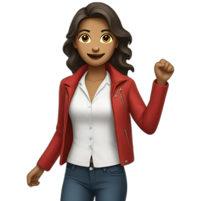 Young woman wearing a white shirt and a red jacket, arms up emoji