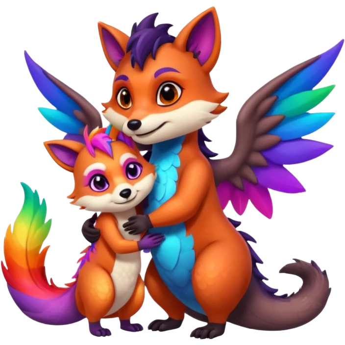 black female raccoon dragon hybrid with rainbow colored wings and purple eyes giving a big hug to a red female fox dragon hybrid with rainbow colored wings and orange eyes emoji
