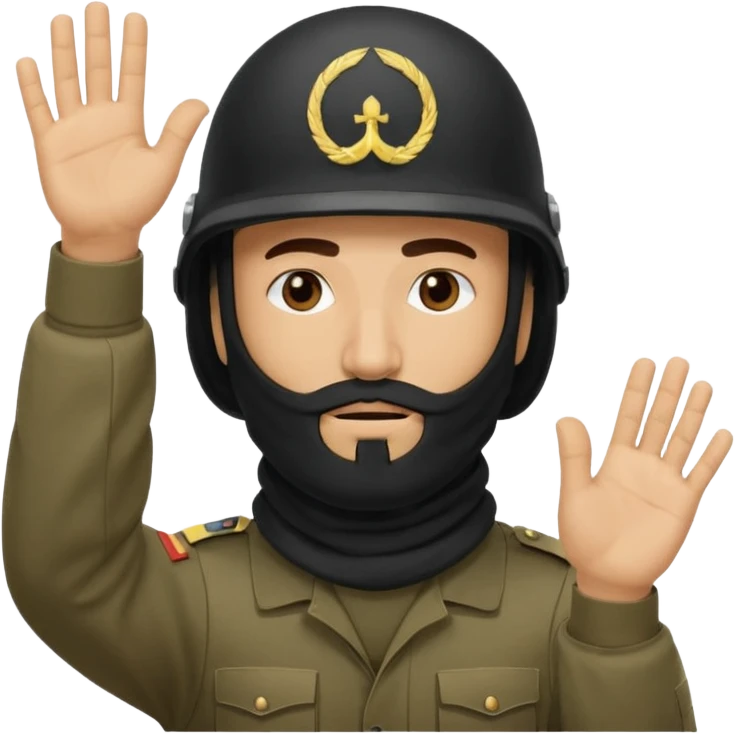 surrenders, depicts an Iraqi soldier from 1980, with a beard, in a helmet, with a balaclava, with a sad face and raised hands emoji