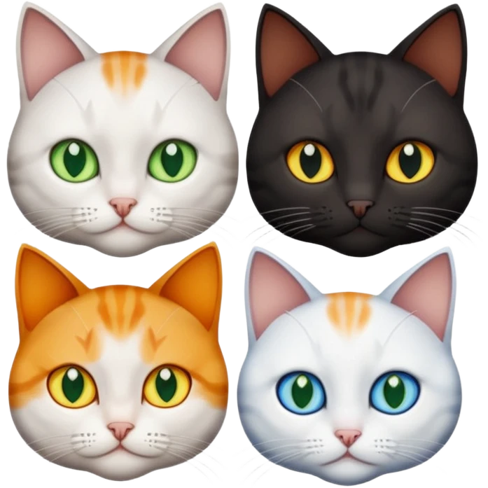 4 different coloured short haired cats including; a dark brown tabby and white cat, and a dark grey and white  emoji