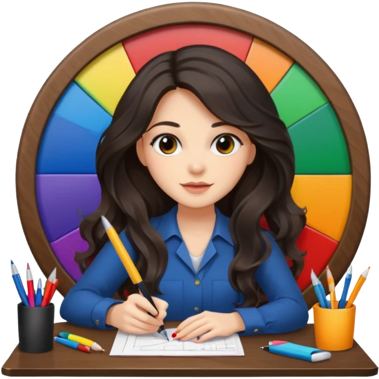 female dark wavy long hair graphic designer , big color wheel behind , pens, papers, desktop emoji