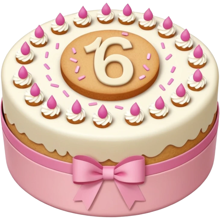 A round birthday bento cake in flesh color with the number sixteen on it.  emoji