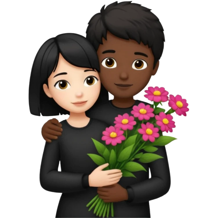 a pretty bratz fair girl with short black shaggy hair with a tall boy hugging her and flowers wearing black  emoji