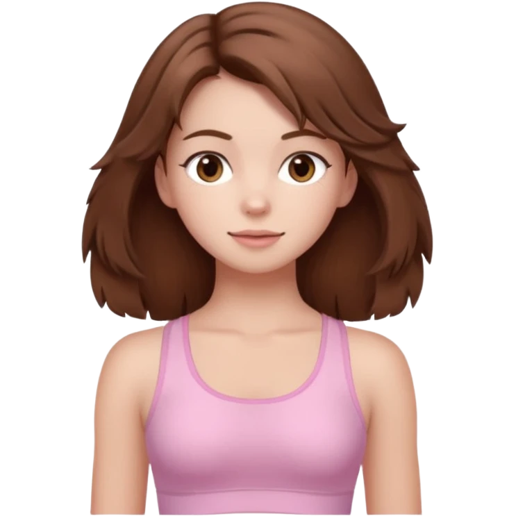 brown hair girl wearing light pink pilates clothes, fluffy medium hair and brown eyes emoji