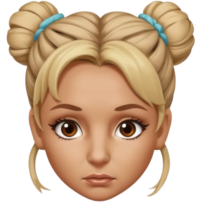 Britney Spears with big dead pan brown eyes staring blankly.   Her hair up in a very messy bun not in a cute way. Like she just woke up and is tired Headshot. emoji