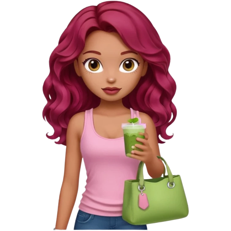 a pretty fair bratz girl with wavy dark red hair, wearing a pink tank top , carrying a matcha and a pink bag emoji