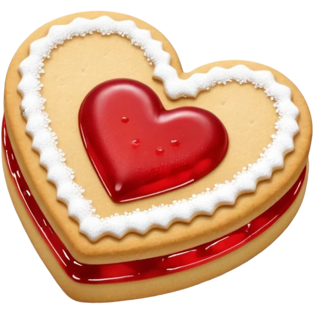 Realistic shortbread cookie in the shape of a heart with red jelly middle filling and sprinkled powder sugar on top. emoji