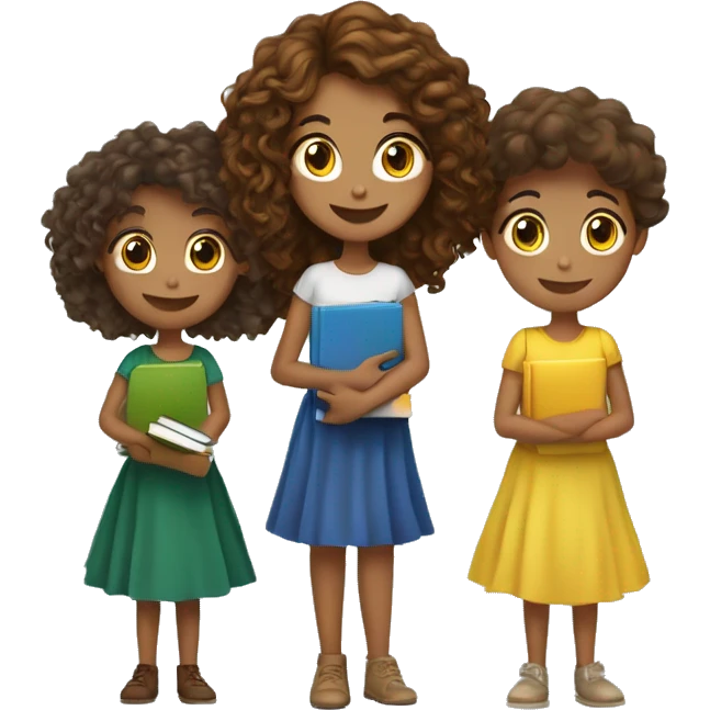 3 girls, one who is short with long brown curly hair and a dress holding books, one medium height with brown long wavy hair and green skirt and yellow top, one medium height with medium length brown wavy hair with a blue dress holding a kindle emoji
